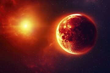 Fototapeta premium Alien red planet and sun in distant galaxy with space dust and twinkling stars