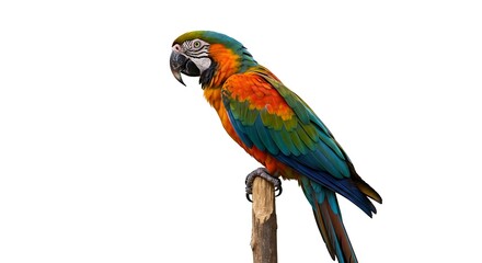 Fototapeta premium Colorful Macaw Parrot on a Perch Isolated on White Background Exotic Bird with Vibrant Plumage Wildlife Photography Avian Beauty Tropical Rainforest Fauna
