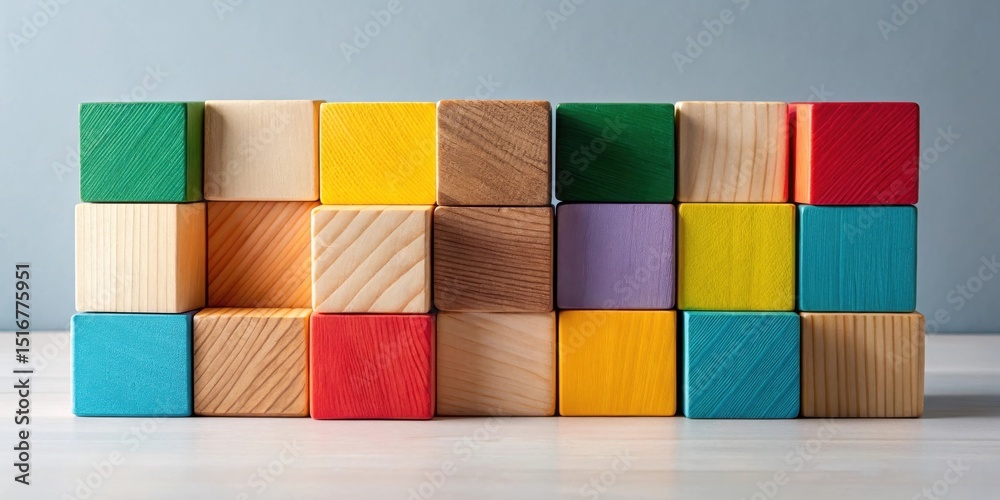 Poster A vibrant arrangement of colorful wooden blocks, showcasing a diverse range of hues and textures, neatly stacked in a grid pattern on a light surface against a muted background.