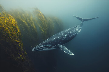 Naklejka premium A solitary whale swimming through a kelp forest in the deep ocean, its massive body moving slowly among the tall, waving plants. The gentle flow of water and the eerie silence of the deep sea
