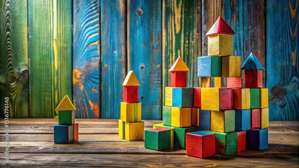 Aufkleber Colorful Wooden Blocks Constructing Imaginative Structures on Rustic Wooden Surface