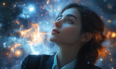 Woman gazing at cosmos,  dreamy, inspirational