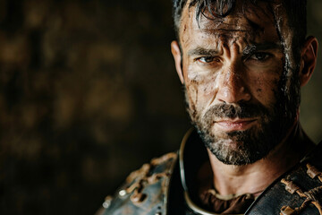 Generative AI image of a fierce ancient gladiator in battle-worn armor and helmet, inspired by Greek warriors