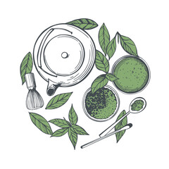 Hand-drawn matcha tea set.  Vector sketch illustration