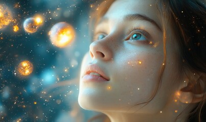A young woman looks upward, lost in thought, with glowing orbs