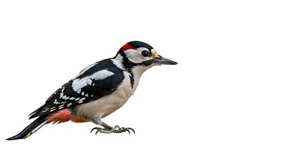 Obraz premium Great Spotted Woodpecker Isolated on White Background Detailed Bird Portrait Wildlife Animal Photography Ornithology Avian Species Habitat Conservation Ecosystem Biodiversity Outdoor