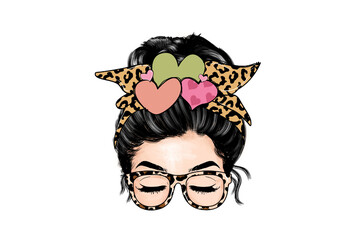Leopard Print Hair Bun Woman with Hearts and Glasses Illustration