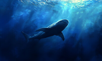 Naklejka premium A whale shark swimming gracefully through the open ocean, its massive body gliding smoothly through the water. The deep blue sea and shimmering sunlight create a sense of awe and wonder 