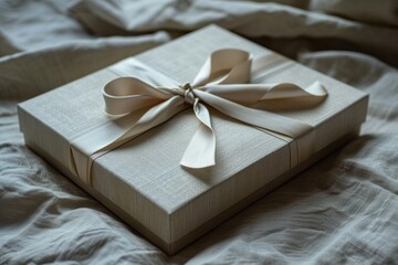 Elegant Luxury Gift Box with Satin Ribbon on Linen Backdrop