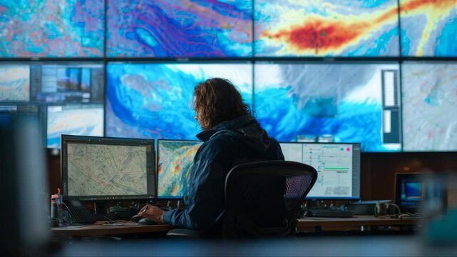 Meteorologist in Work Area in Doppler Radar Station with National Oceanic and Atmospheric Administration NOAA National Weather Service.