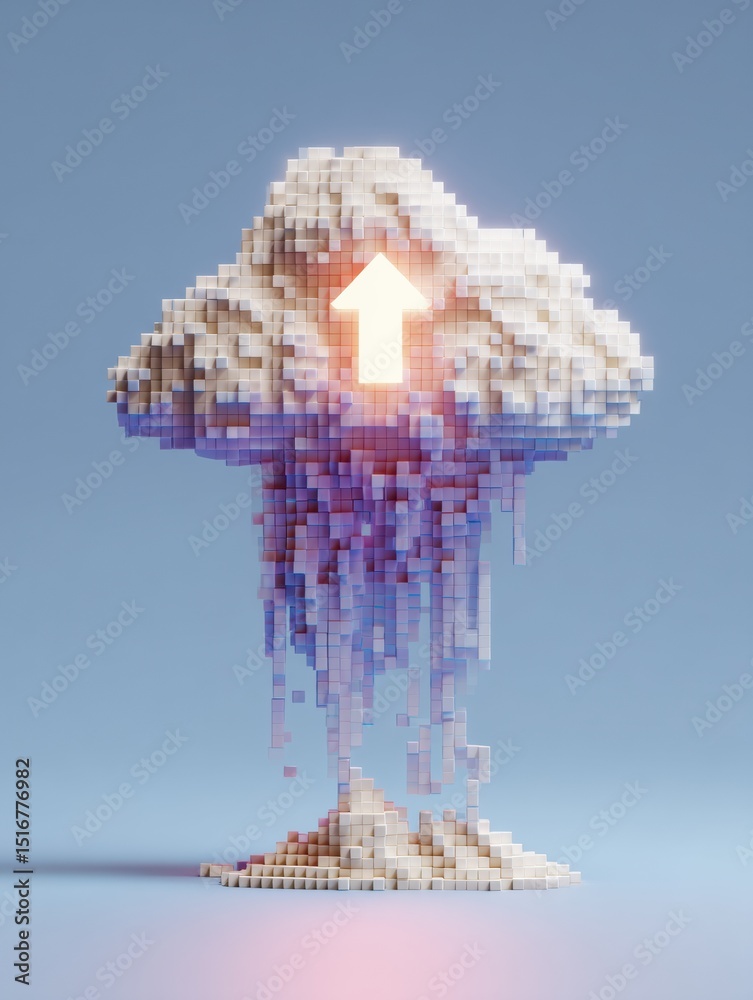 Fototapete Pixelated Cloud Illustration With Broken Upload Icon and Soft Upper Part for Digital Design Concepts