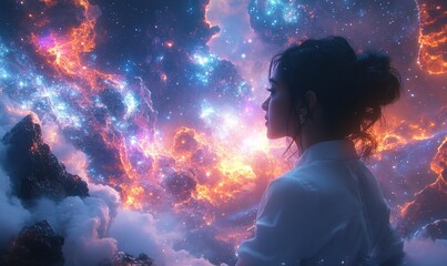 Woman contemplates a vibrant, otherworldly cosmos