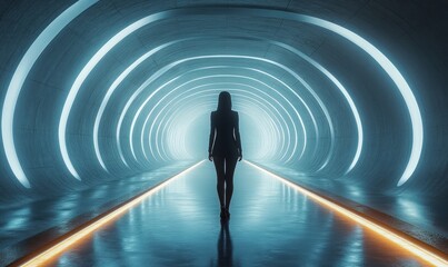 Woman walking futuristic tunnel
