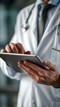 Medical Professional Using Tablet for Digital Health Records in Modern Hospital