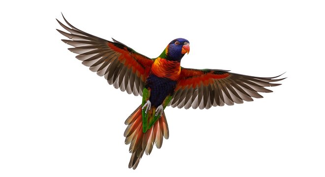 Rainbow Lorikeet Flying on White Background Symbolizing Freedom and Adaptability Showcasing Colorful Plumage Birdwatching Adventure in Tropical Wildlife with Vibrant Wings Spreading Happiness