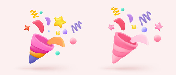 3d icon sign party poppers with flying. Birthday party and anniversary with cone popper. Firecracker explodes with ribbon explode for surprise. 3d confetti bang winner icon vector render illustration