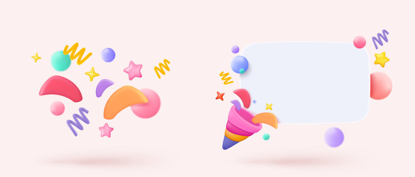 3d icon sign party poppers with flying. Birthday party and anniversary with cone popper. Firecracker explodes with ribbon explode for surprise. 3d confetti bang winner icon vector render illustration