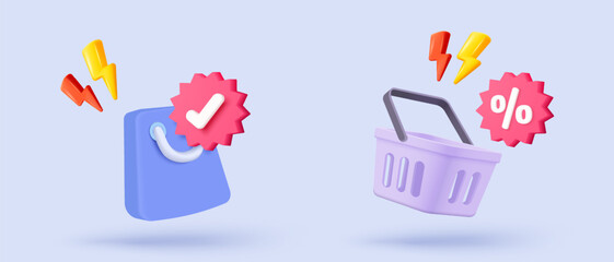 3d shopping bag with price tags for online shopping and digital marketing concept. Basket and promotion tag on purple background. Shopping bag for buy, sale, discount. 3d vector icon illustration