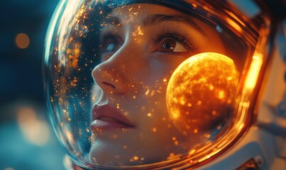 Astronaut gazing at a fiery moon