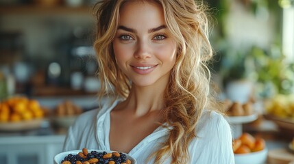 Healthy woman holding a bowl of berries and nuts