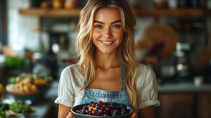 Woman holding bowl of mixed berries