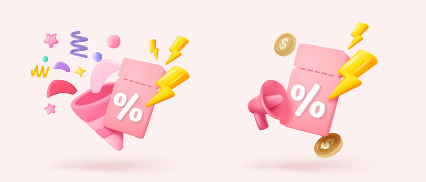 3D coupon icon with megaphone speaker for sales and shopping online, discount coupon of cash. flash lightning on time alert notice special offer promotion. 3d price tag icon vector render illustration