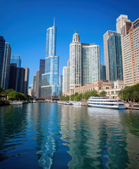 Fototapeta premium City skyline reflects in river with vibrant blue sky on a sunny day