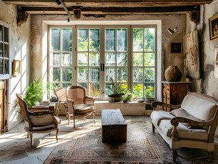 Fototapeta premium A Rustic and Cozy Living Room Featuring Wooden Furniture, Vintage Decor, and Natural Light Streaming Through Large Windows, Creating a Warm and Inviting Space.