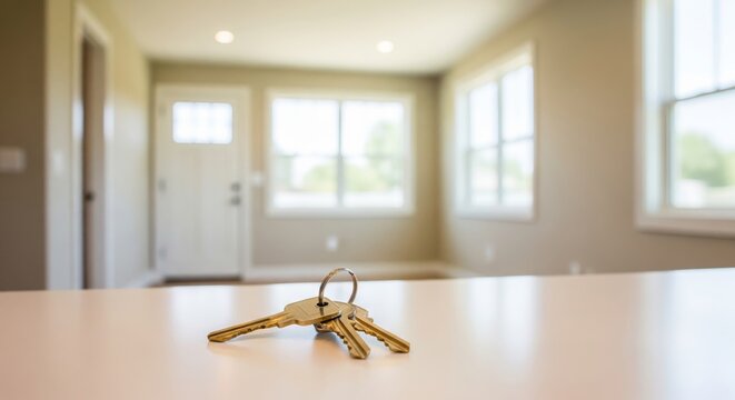 A set of keys on a counter, with a blurred background of a house, representing a new, smaller home