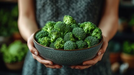 Woman holding a bowl of fresh broccoli