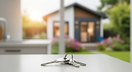 A set of keys on a counter, with a blurred background of a house, representing a new, smaller home