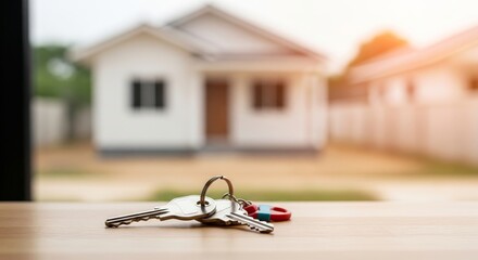 A set of keys on a counter, with a blurred background of a house, representing a new, smaller home