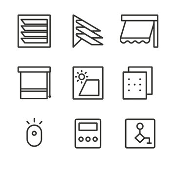 Adaptive Fa&ccedil;ade Shading Icons. Outline icon set of adaptive fa&ccedil;ade shading: adjustable louver blade, brise-soleil fin, retractable