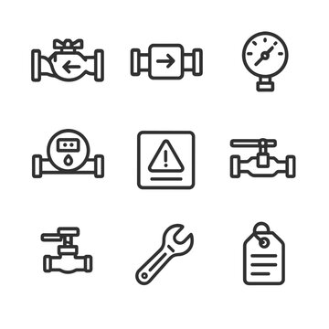 Backflow Prevention Icons. Outline icon set of backflow prevention: backflow preventer valve, check valve, pressure gauge, water