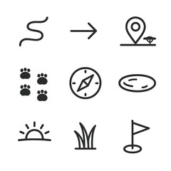 Fototapeta premium Elephant Migration Icons. Outline icon set of elephant migration journey: winding path, direction arrow, map pin on savannah,