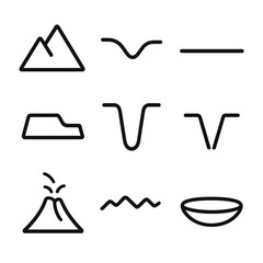 Earth Topography Icons. Outline icon set of Earth’s topography: mountain, valley, plain, plateau, canyon, trench, volcano, ridge,