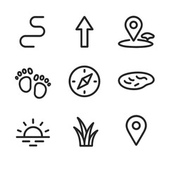 Fototapeta premium Elephant Migration Icons. Outline icon set of elephant migration journey: winding path, direction arrow, map pin on savannah,