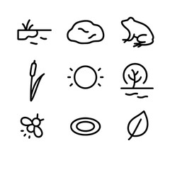 Fototapeta premium Moonlit Forest Icons. Outline icon set of forest pond under moonlight: pond edge, mossy rock, frog silhouette, cattail, moon halo,