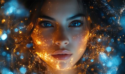 Intensely glowing woman's face, with  energized, light effects