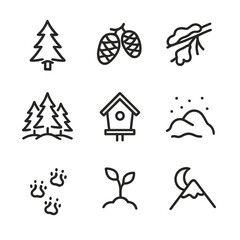 Fototapeta premium Pine Grove Icon Set. Outline icon set of pine tree grove in snow: pine silhouette, cone cluster, snow-laden branch, forest floor,