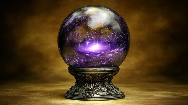 Ornate crystal ball with cosmic imagery on a pedestal.