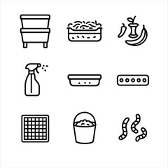 Vermicomposting Icons Set. Outline icon set of vermicomposting setup: worm bin, bedding layer, food scraps, moisture spray bottle,