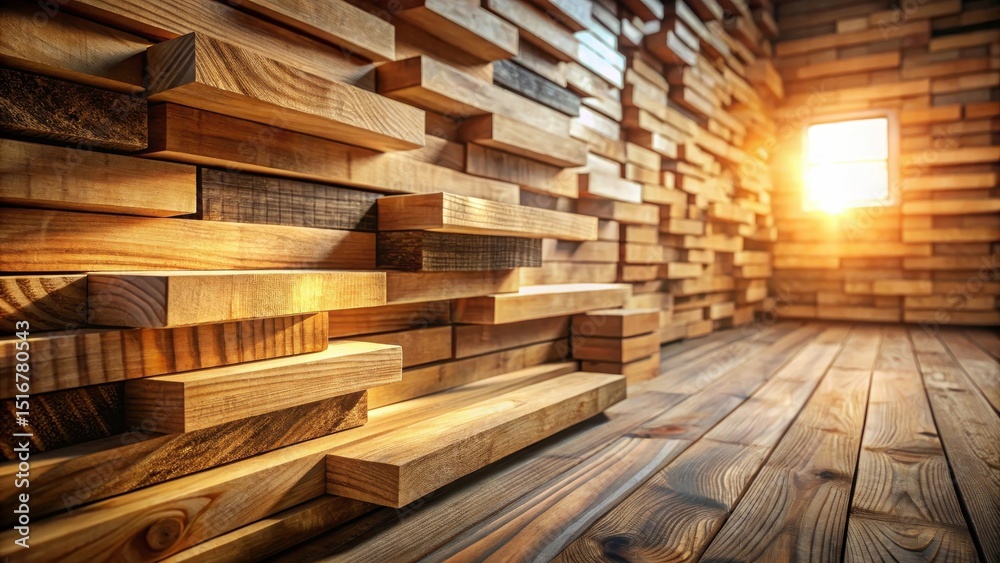 Poster warm sunlight illuminates a room constructed entirely of stacked wooden planks, creating a rustic an