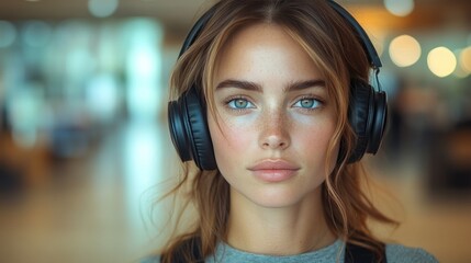 Young woman wearing headphones, focused expression