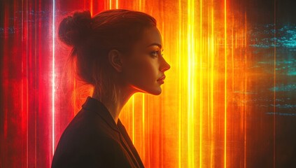 Woman in profile, vibrant lights