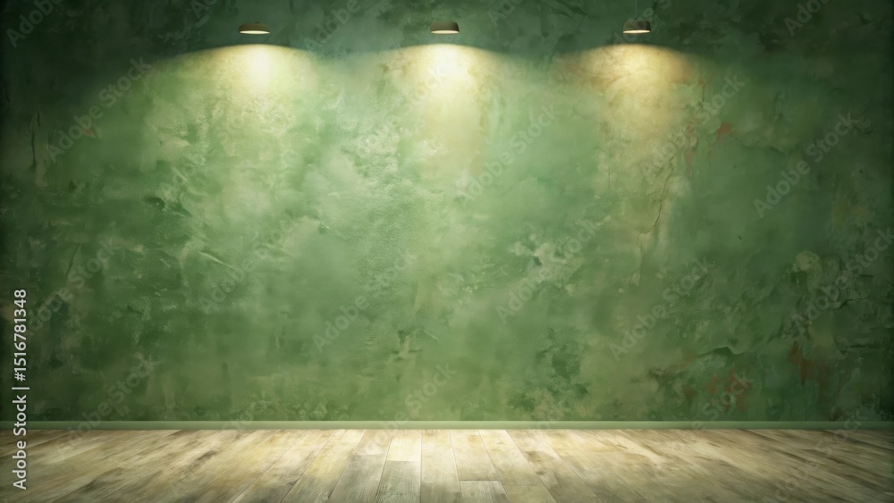 Poster empty room with textured green wall and three illuminated ceiling fixtures showcasing a minimalist i