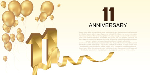 Elegant 11th anniversary celebration with golden balloons, ribbon, and bold 3D numbers. Perfect for greeting cards, banners, or party invitations. Luxurious and festive vector design.