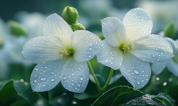 Delicate white flowers with morning dew drops (2)