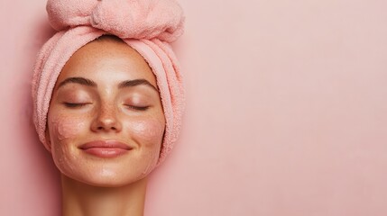 A woman with a peaceful expression enjoys a facial mask at home, showcasing a serene moment dedicated to skin care and self-care amidst a soft pink background.