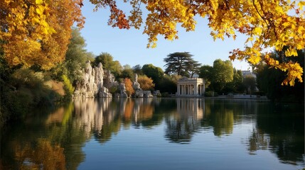 Autumn reflections in a serene park near a classical pavilion under a clear sky